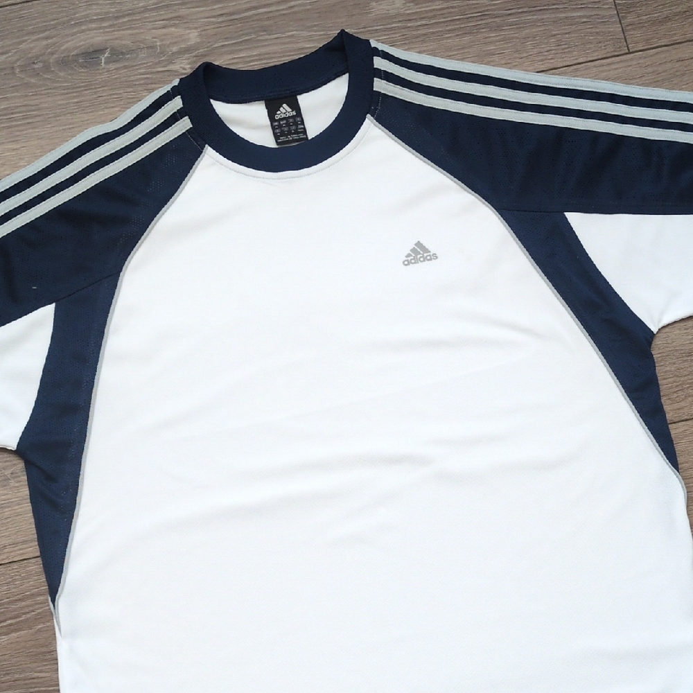 Vtg Adidas ClimaCool Short Sleeve Jersey Shirt - Blue Mesh White Gray Stripe M
